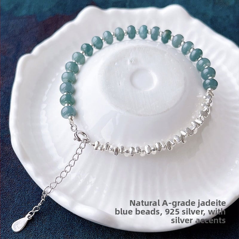 Jádeit abaku-gyöngyökből álló karkötő, jéghatású fény, 925-ös ezüst, kínai stílusban