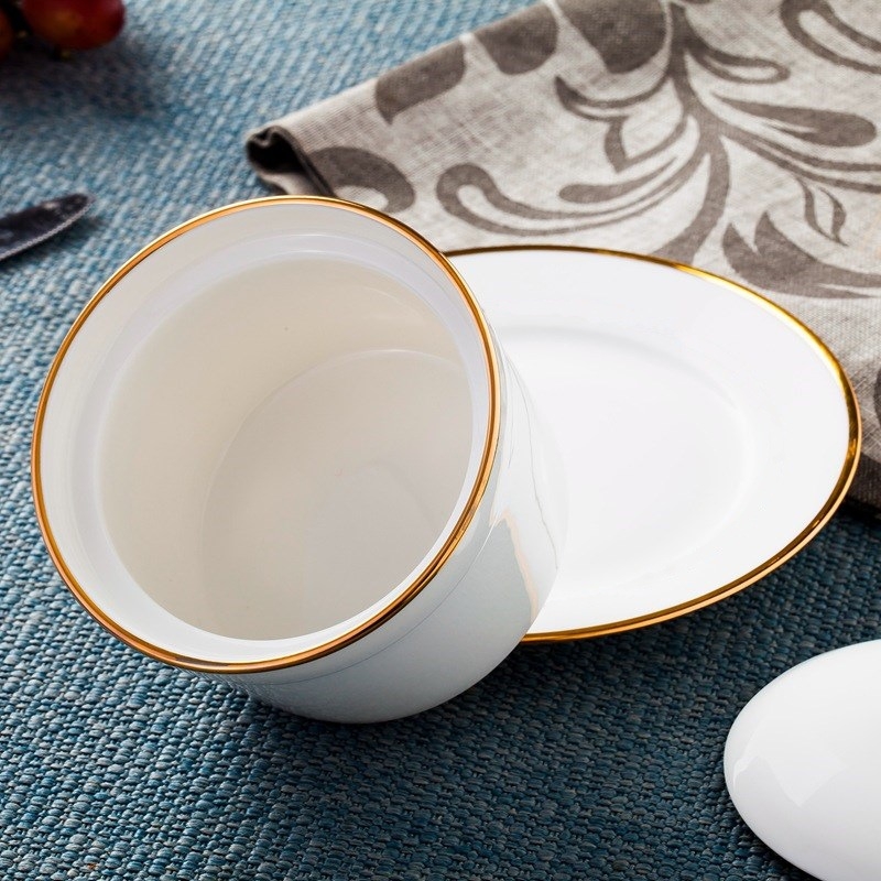 Porcelāna ūdens vannas trauks ar vāku un karoti — apaļš, mikroviļņu drošs, ar logotipu