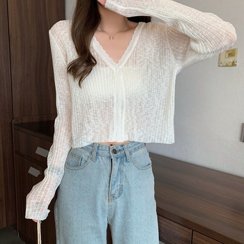 Viegls saules aizsardzības adītais kardigans ar UPF30+, brīvs griezums, īss garums, garas piedurknes, audums no lina un akrila ar bambusa kanepju šķiedru