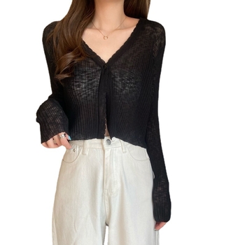 Viegls saules aizsardzības adītais kardigans ar UPF30+, brīvs griezums, īss garums, garas piedurknes, audums no lina un akrila ar bambusa kanepju šķiedru