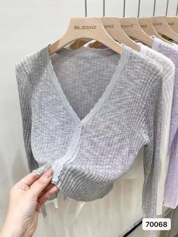 Viegls saules aizsardzības adītais kardigans ar UPF30+, brīvs griezums, īss garums, garas piedurknes, audums no lina un akrila ar bambusa kanepju šķiedru