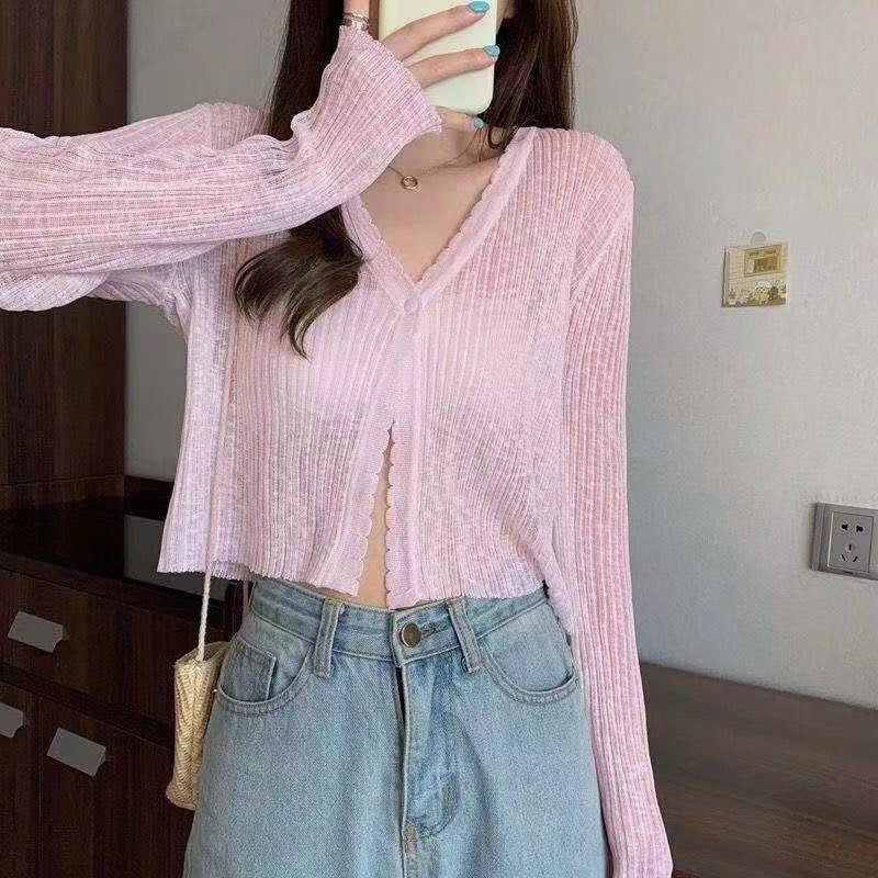 Viegls saules aizsardzības adītais kardigans ar UPF30+, brīvs griezums, īss garums, garas piedurknes, audums no lina un akrila ar bambusa kanepju šķiedru