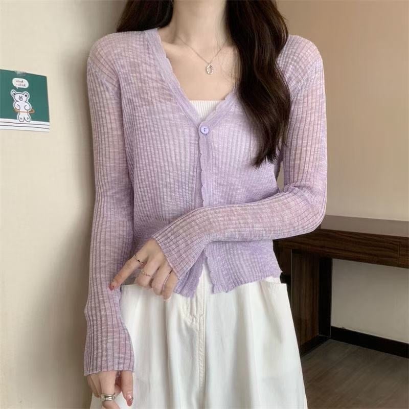 Viegls saules aizsardzības adītais kardigans ar UPF30+, brīvs griezums, īss garums, garas piedurknes, audums no lina un akrila ar bambusa kanepju šķiedru