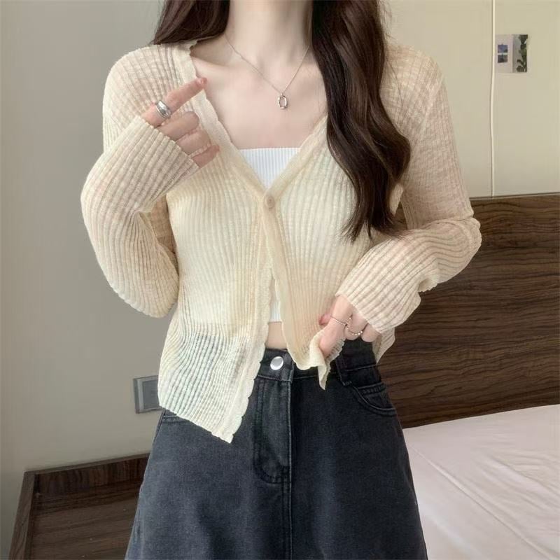 Viegls saules aizsardzības adītais kardigans ar UPF30+, brīvs griezums, īss garums, garas piedurknes, audums no lina un akrila ar bambusa kanepju šķiedru