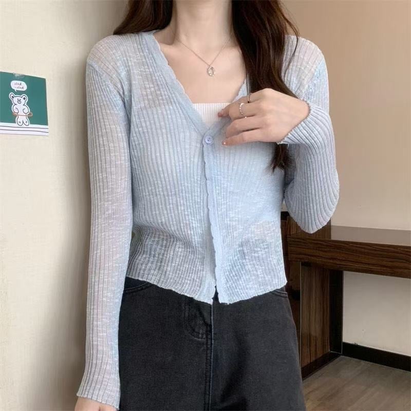 Viegls saules aizsardzības adītais kardigans ar UPF30+, brīvs griezums, īss garums, garas piedurknes, audums no lina un akrila ar bambusa kanepju šķiedru