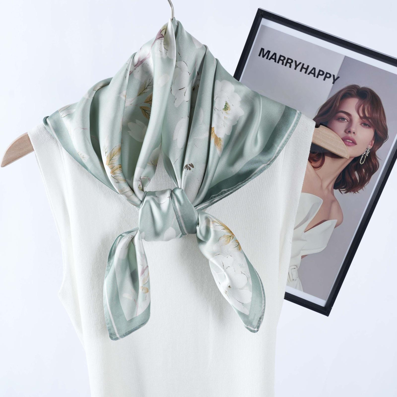 MARRYHAPPY Fular pătrat imprimat din mătase artificială, 100% poliester, vară 2025