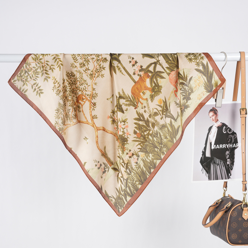 MARRYHAPPY Fular pătrat imprimat din mătase artificială, 100% poliester, vară 2025