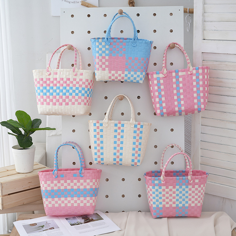 Pletene PVC torba za plažu, bucket stil, kvadratnog oblika, najlon podstava, otvoreni gornji dio