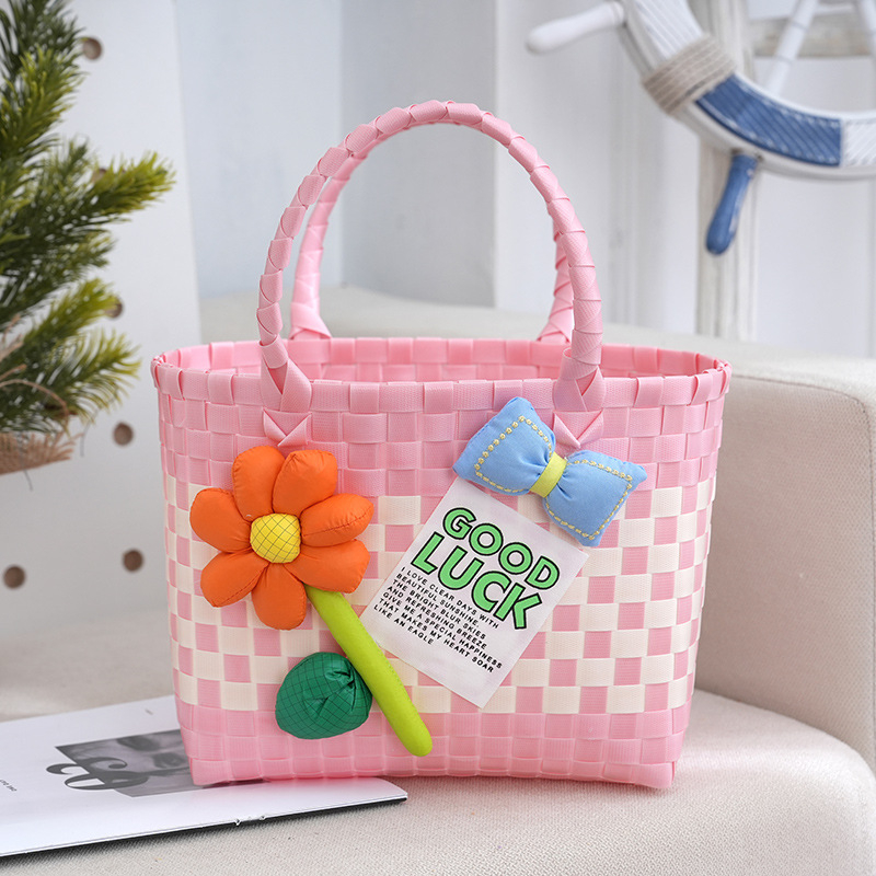 Pletene PVC torba za plažu, bucket stil, kvadratnog oblika, najlon podstava, otvoreni gornji dio