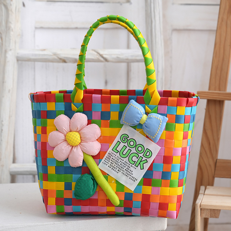 Pletene PVC torba za plažu, bucket stil, kvadratnog oblika, najlon podstava, otvoreni gornji dio