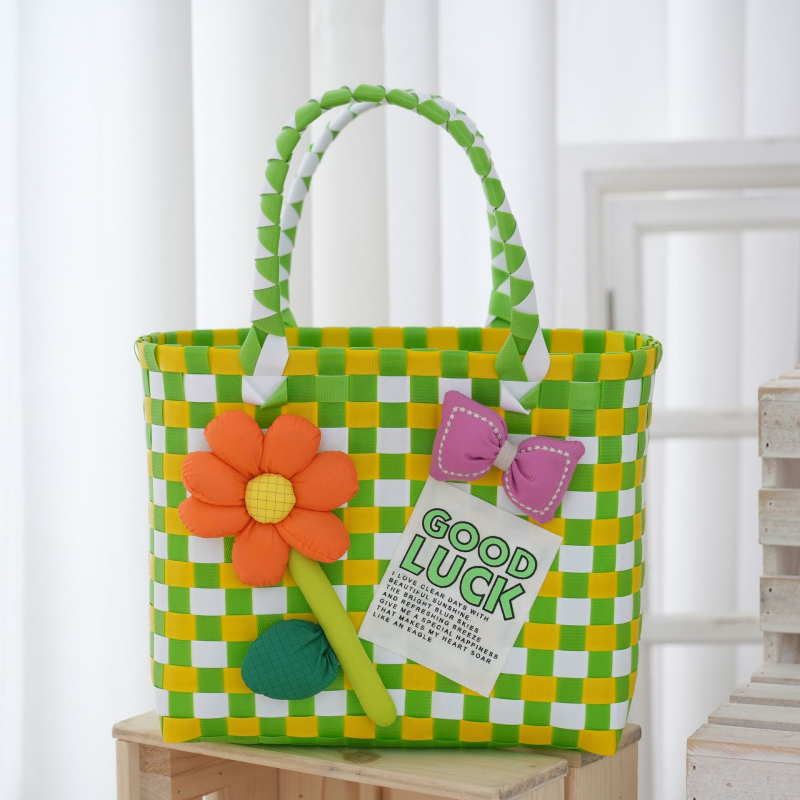 Pletene PVC torba za plažu, bucket stil, kvadratnog oblika, najlon podstava, otvoreni gornji dio