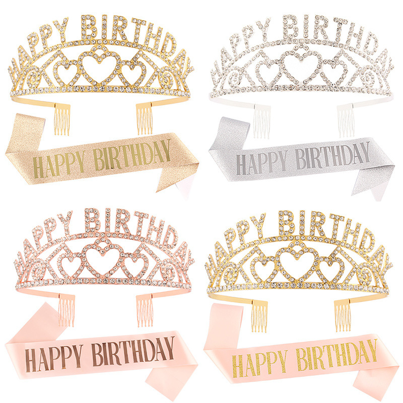 Metalna kruna za kosu s riječima HAPPY BIRTHDAY, unisex, elektroplating, bijeli kristali, porijeklo Jinhua