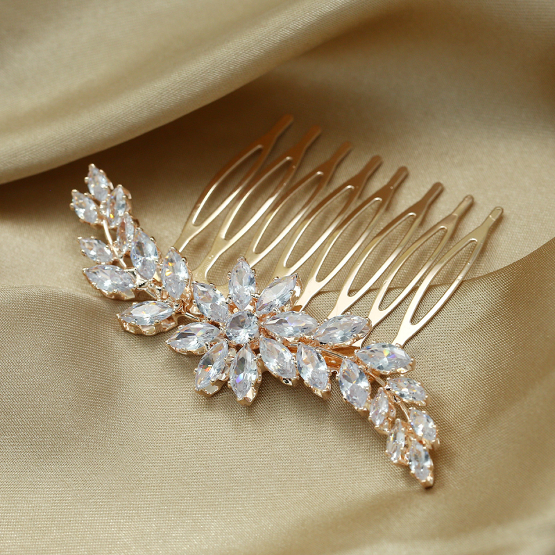 Nuotakos plaukų šukos su karūnos dizainu, cirkonis, natūralus moteriškas stilius, elektroplakavimas, individualus įpakavimas