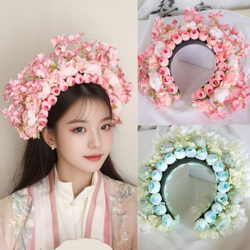 Matu lente ar tīkla ziedu matu loku, rokdarbs, sievietēm, etniskā stila, salds svaigs izskats, pavasaris 2025