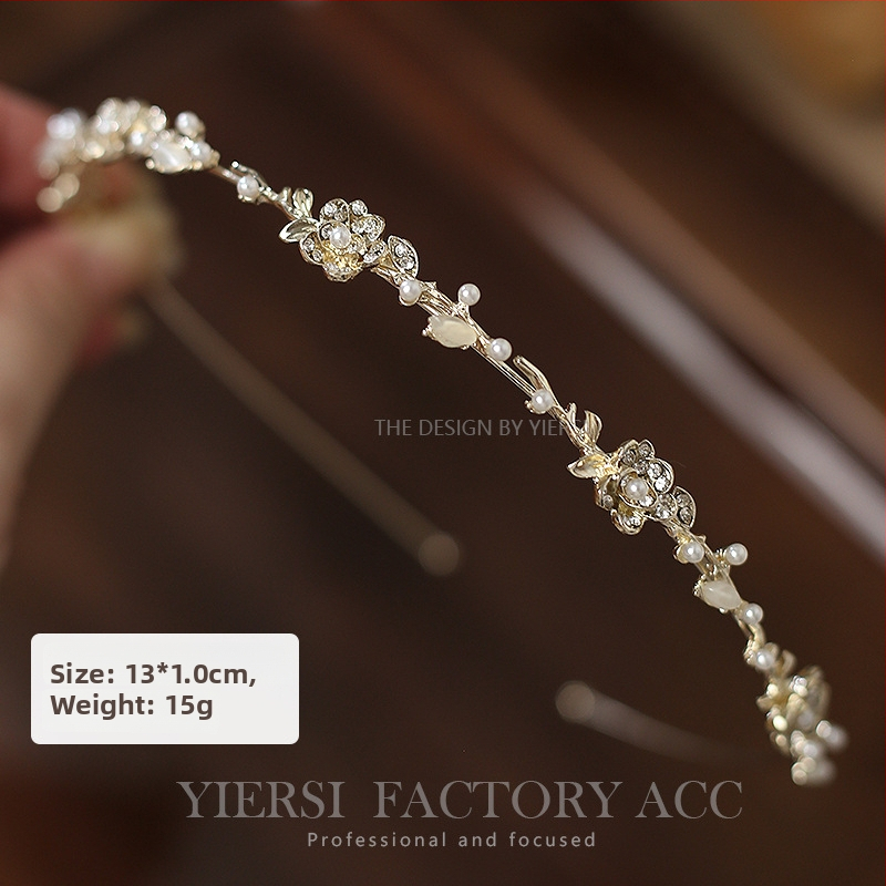 Galvas lente ar pērļu un kristālu ziedu, sakausējums, elektroplakāts, rudens 2023, japāņu un korejiešu stils, sievietēm