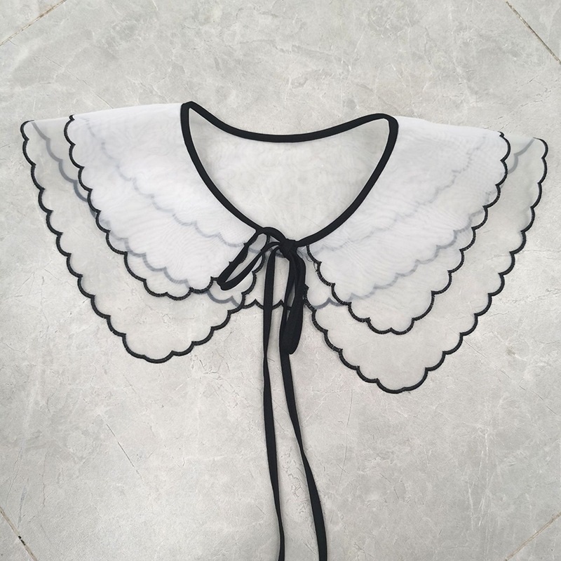 Ženski dvostruki ovratnik s cvjetnim uzorkom i mašnicom — ručno izvezena organza šifon, cvjetni motiv, ekstra široka čvor, organza podstava