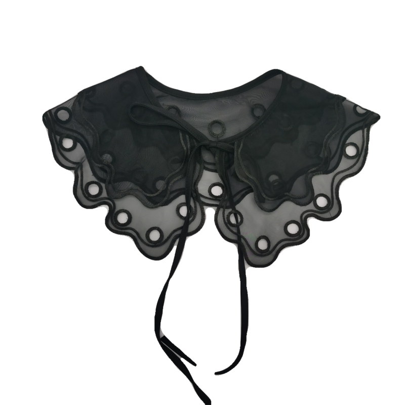 Ženski dvostruki ovratnik s cvjetnim uzorkom i mašnicom — ručno izvezena organza šifon, cvjetni motiv, ekstra široka čvor, organza podstava