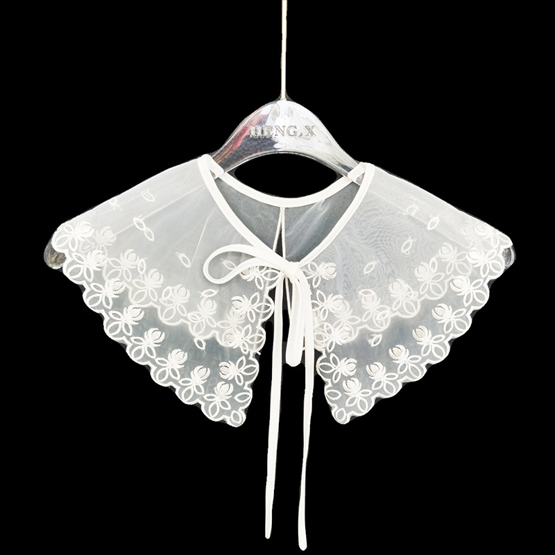 Ženski dvostruki ovratnik s cvjetnim uzorkom i mašnicom — ručno izvezena organza šifon, cvjetni motiv, ekstra široka čvor, organza podstava