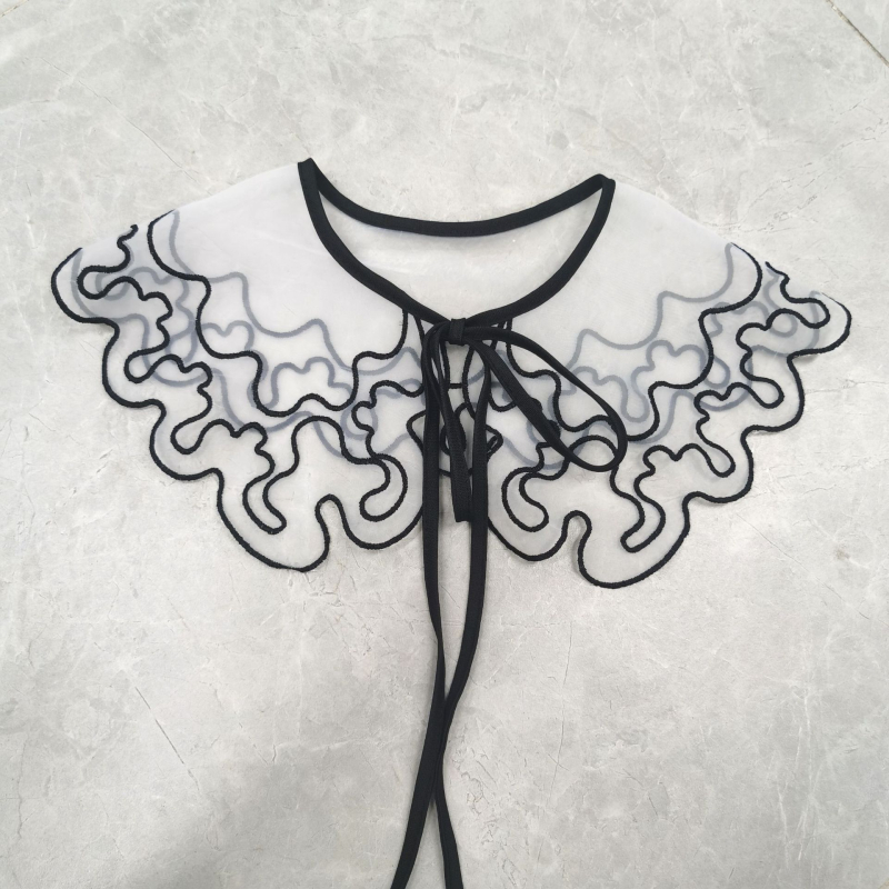 Ženski dvostruki ovratnik s cvjetnim uzorkom i mašnicom — ručno izvezena organza šifon, cvjetni motiv, ekstra široka čvor, organza podstava