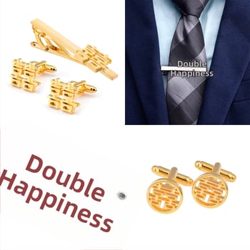 Unisex plieno manžetų segtukai ir kaklaraiščio segtukas su dviguba laime motyvu, elektroplatinė danga