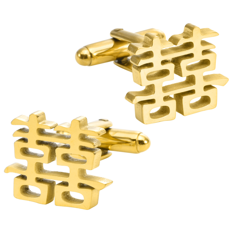 Unisex plieno manžetų segtukai ir kaklaraiščio segtukas su dviguba laime motyvu, elektroplatinė danga