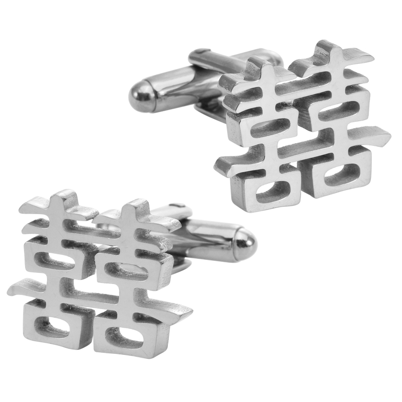 Unisex plieno manžetų segtukai ir kaklaraiščio segtukas su dviguba laime motyvu, elektroplatinė danga