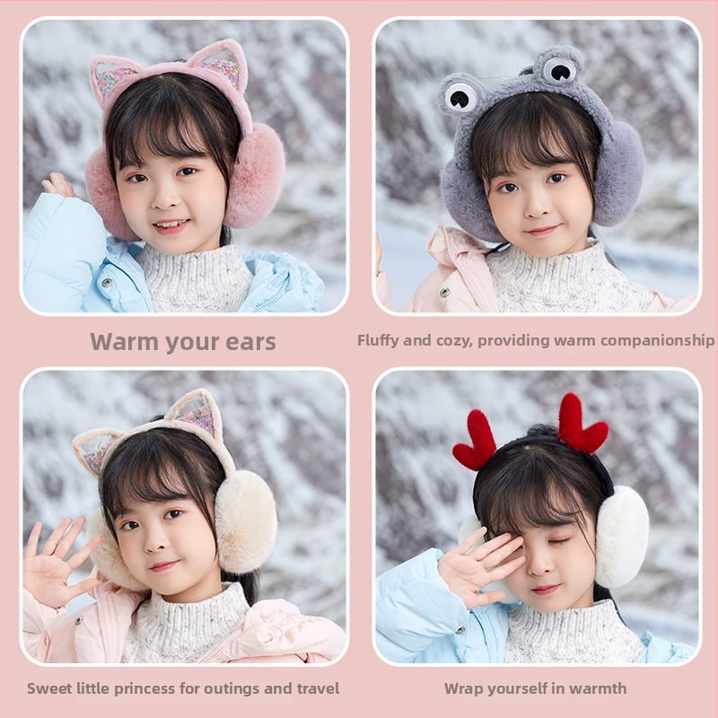 Bērnu ausu aizsargi ar kaķēna ausīm, ar flīsa odere, salokāmi, mākslīgā zaķa kažoks, vecums 3–12 gadi