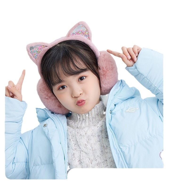 Bērnu ausu aizsargi ar kaķēna ausīm, ar flīsa odere, salokāmi, mākslīgā zaķa kažoks, vecums 3–12 gadi