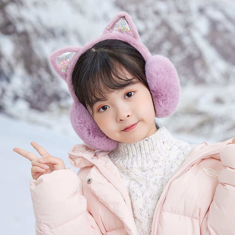 Bērnu ausu aizsargi ar kaķēna ausīm, ar flīsa odere, salokāmi, mākslīgā zaķa kažoks, vecums 3–12 gadi