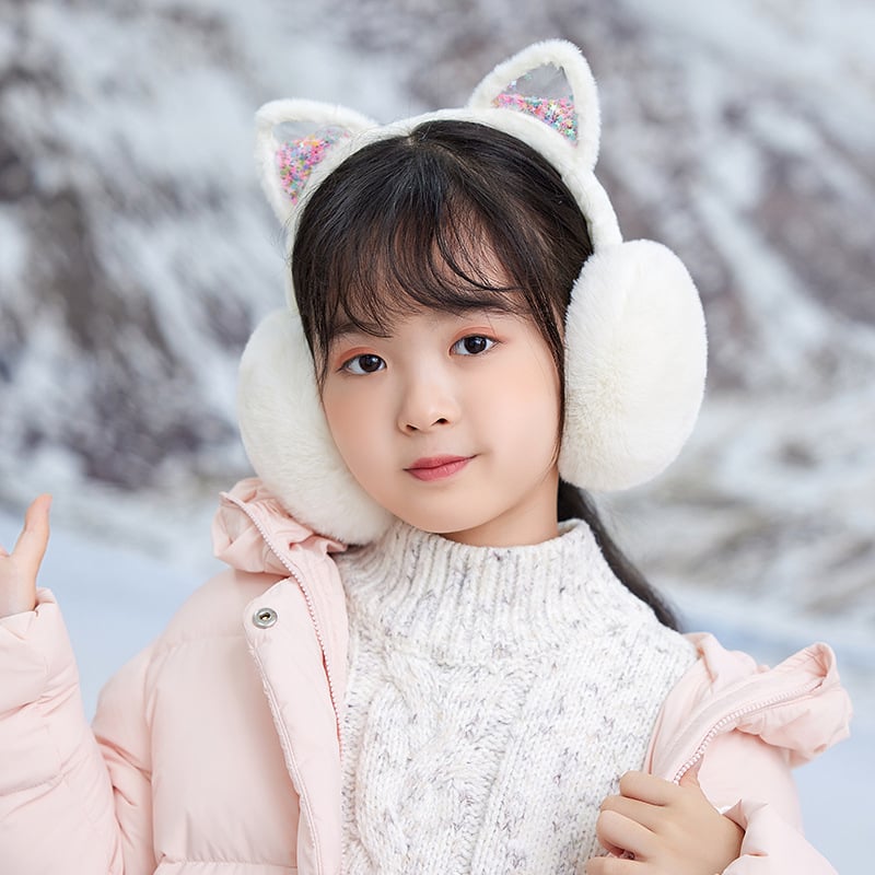 Bērnu ausu aizsargi ar kaķēna ausīm, ar flīsa odere, salokāmi, mākslīgā zaķa kažoks, vecums 3–12 gadi