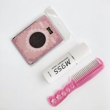 Parukų priežiūros rinkinys: plaukų tinklas, plieninė šukė ir priežiūros tirpalo laikiklis – penkių dalių parukų rinkinys