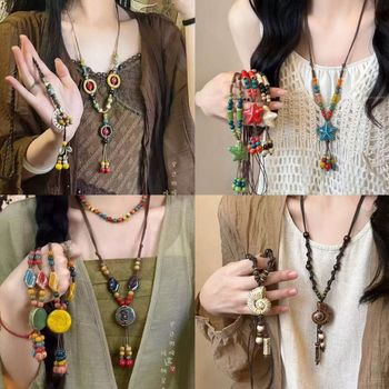 Colier geometric din ceramică, stil boem, tricotat manual