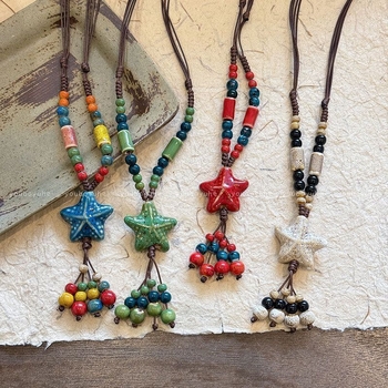 Colier geometric din ceramică, stil boem, tricotat manual