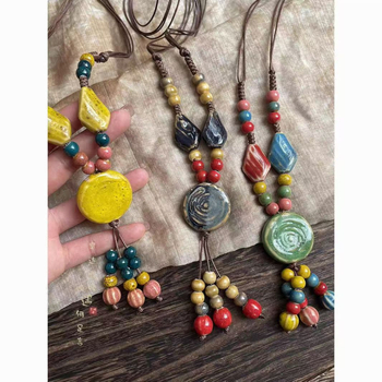 Colier geometric din ceramică, stil boem, tricotat manual