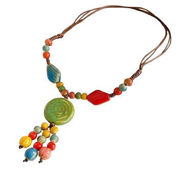 Colier geometric din ceramică, stil boem, tricotat manual