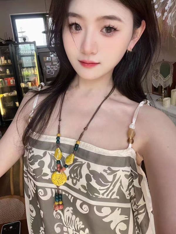 Colier geometric din ceramică, stil boem, tricotat manual