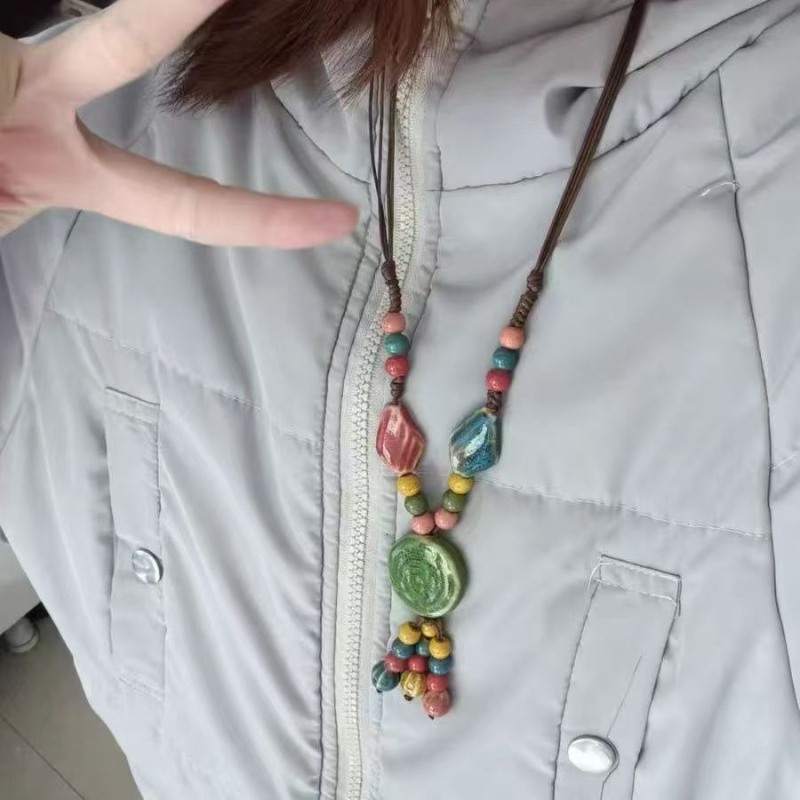 Colier geometric din ceramică, stil boem, tricotat manual