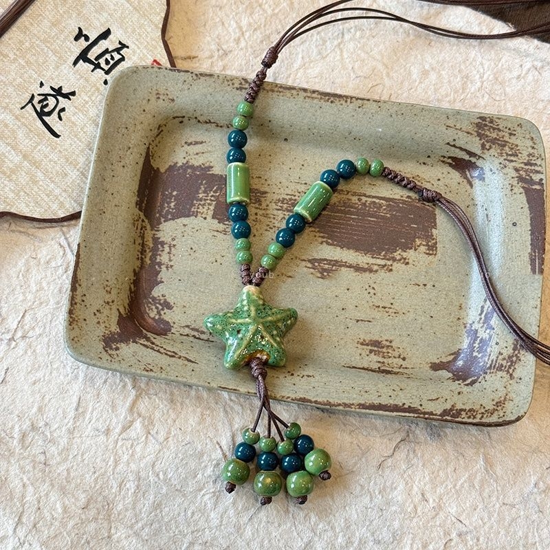 Colier geometric din ceramică, stil boem, tricotat manual