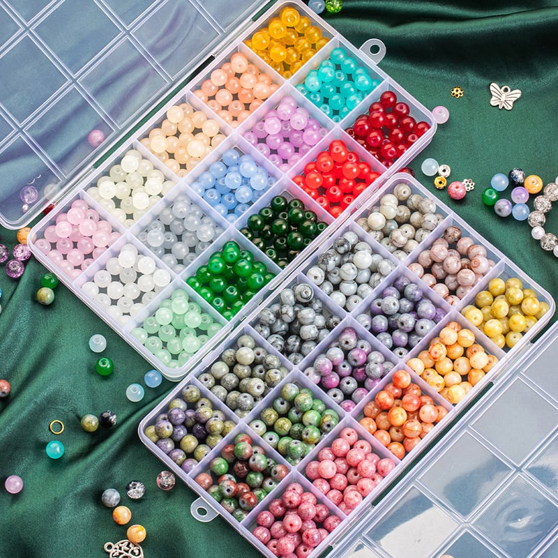 Set staklenih perli za narukvicu – brend QIAO; modni stil, okrugle perle; sferni oblik; tretman kapljicama ulja