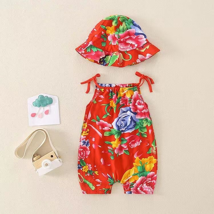 Kūdikio be rankovių romper su gėlių atspaudais, etninio kinų stiliaus, 100% viskozė, tinkamas naujagimiams iki 12 mėnesių