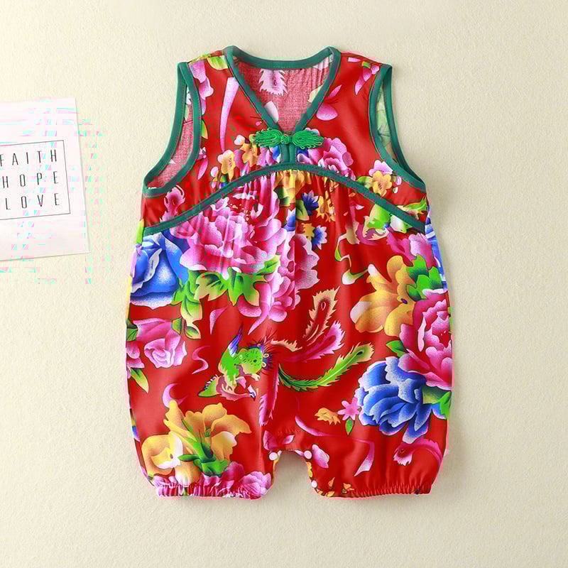 Kūdikio be rankovių romper su gėlių atspaudais, etninio kinų stiliaus, 100% viskozė, tinkamas naujagimiams iki 12 mėnesių