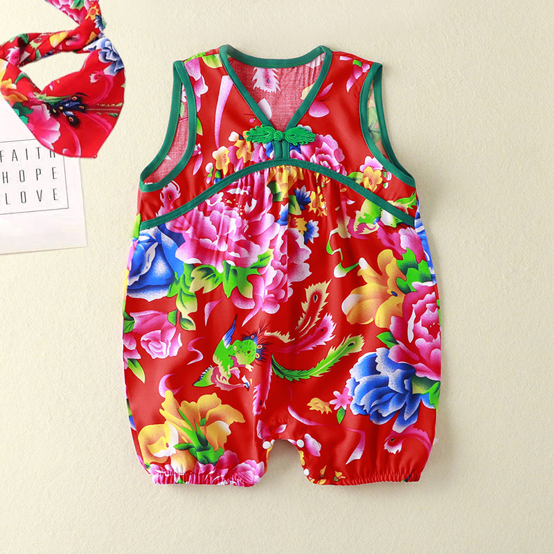 Kūdikio be rankovių romper su gėlių atspaudais, etninio kinų stiliaus, 100% viskozė, tinkamas naujagimiams iki 12 mėnesių