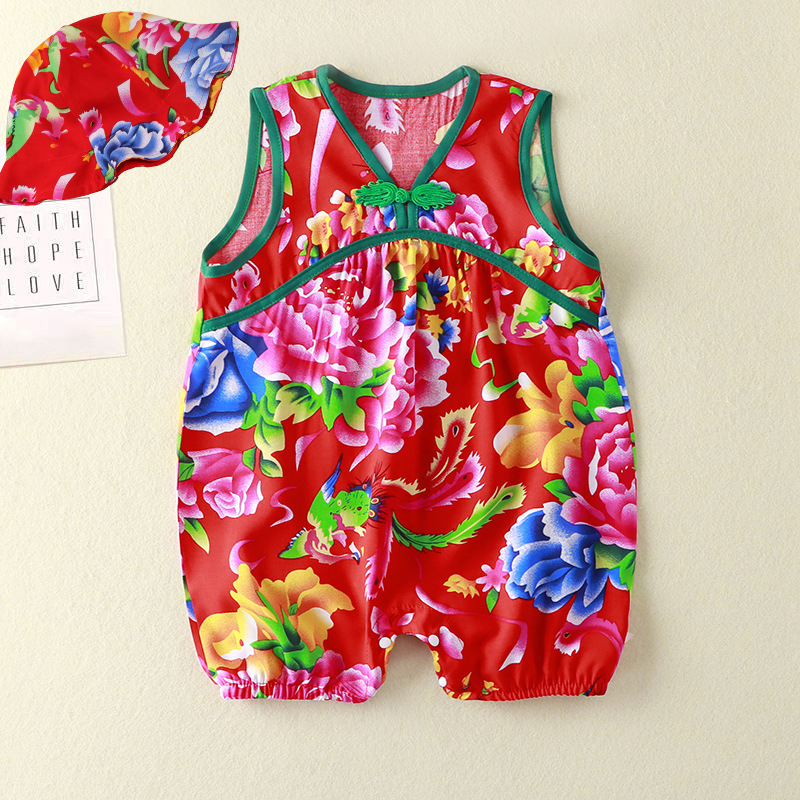 Kūdikio be rankovių romper su gėlių atspaudais, etninio kinų stiliaus, 100% viskozė, tinkamas naujagimiams iki 12 mėnesių