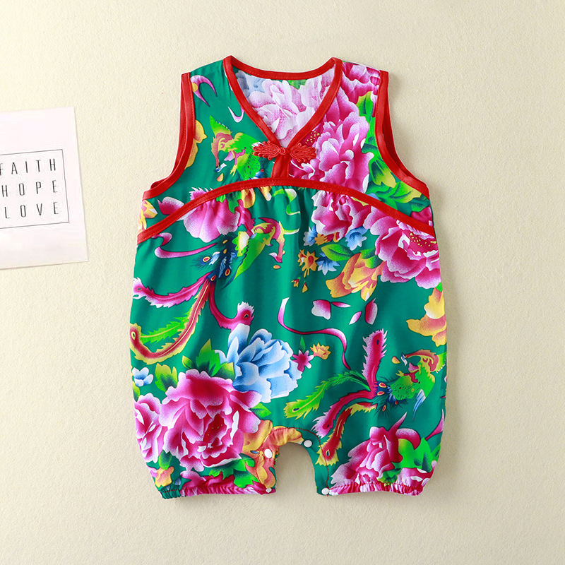 Kūdikio be rankovių romper su gėlių atspaudais, etninio kinų stiliaus, 100% viskozė, tinkamas naujagimiams iki 12 mėnesių