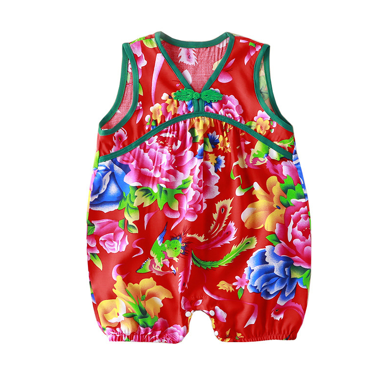 Kūdikio be rankovių romper su gėlių atspaudais, etninio kinų stiliaus, 100% viskozė, tinkamas naujagimiams iki 12 mėnesių