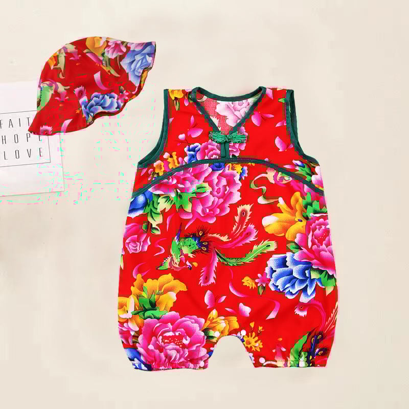 Kūdikio be rankovių romper su gėlių atspaudais, etninio kinų stiliaus, 100% viskozė, tinkamas naujagimiams iki 12 mėnesių