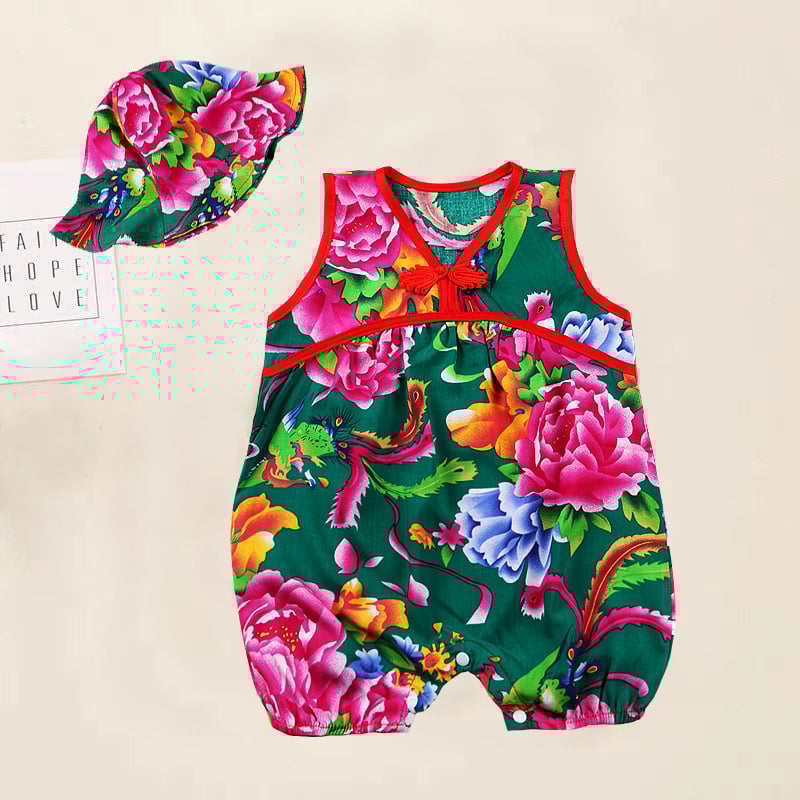 Kūdikio be rankovių romper su gėlių atspaudais, etninio kinų stiliaus, 100% viskozė, tinkamas naujagimiams iki 12 mėnesių