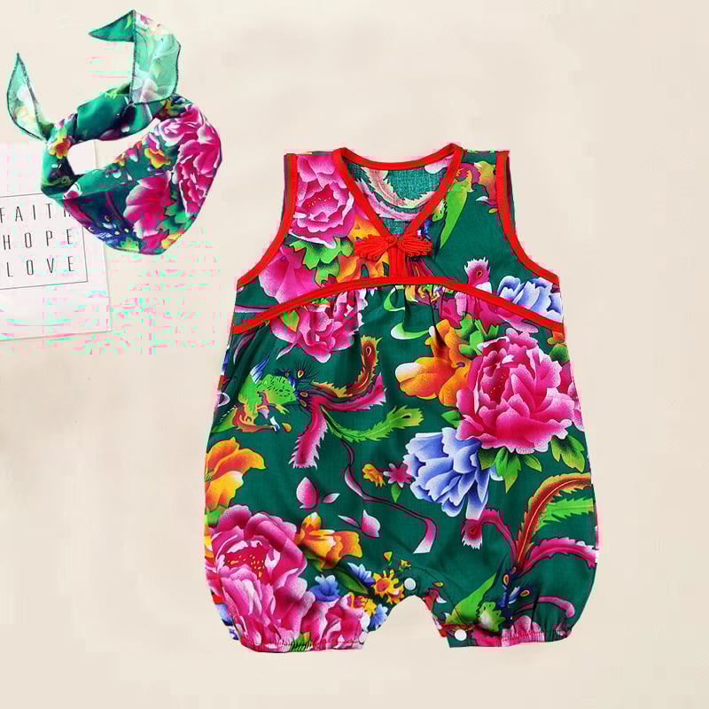 Kūdikio be rankovių romper su gėlių atspaudais, etninio kinų stiliaus, 100% viskozė, tinkamas naujagimiams iki 12 mėnesių