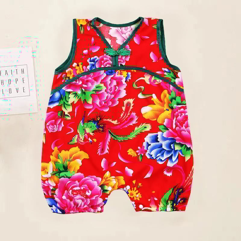Kūdikio be rankovių romper su gėlių atspaudais, etninio kinų stiliaus, 100% viskozė, tinkamas naujagimiams iki 12 mėnesių