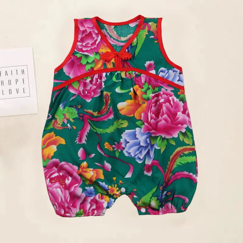 Kūdikio be rankovių romper su gėlių atspaudais, etninio kinų stiliaus, 100% viskozė, tinkamas naujagimiams iki 12 mėnesių